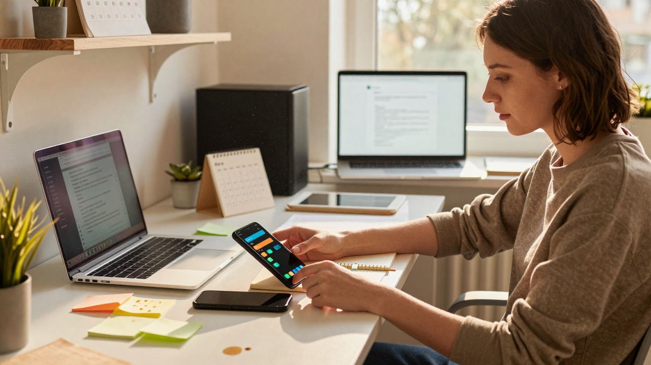 Mulher usando smartphone sentada em escritório com dois notebooks, post-its e plantas ao redor.