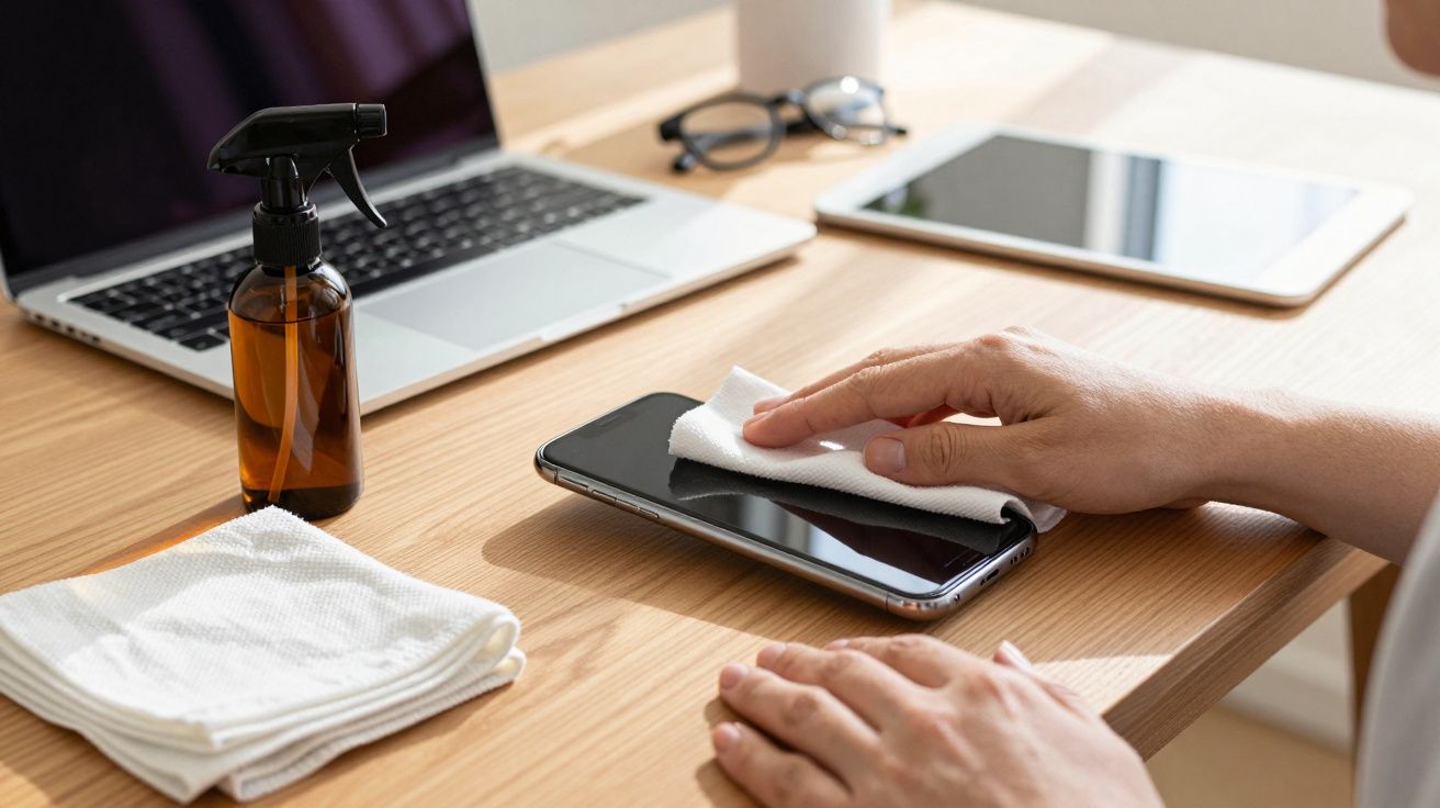 Pessoa limpando a tela de um smartphone com pano branco em mesa com laptop, óculos e tablet ao fundo.