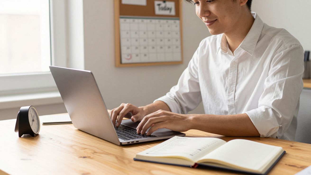 Pessoa usando camisa branca digitando em laptop em mesa de madeira com agenda aberta e relógio analógico preto.