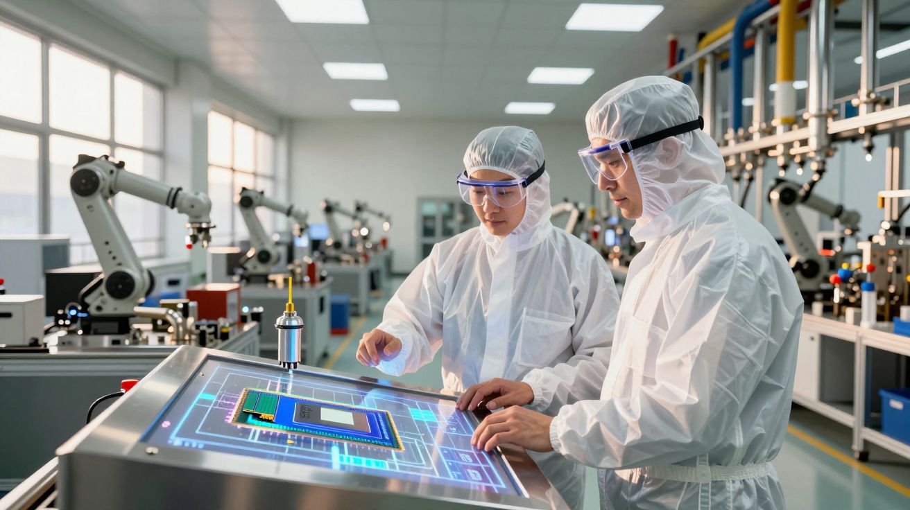 Dois cientistas em roupas de proteção analisando chip eletrônico em tela touchscreen em laboratório tecnológico.