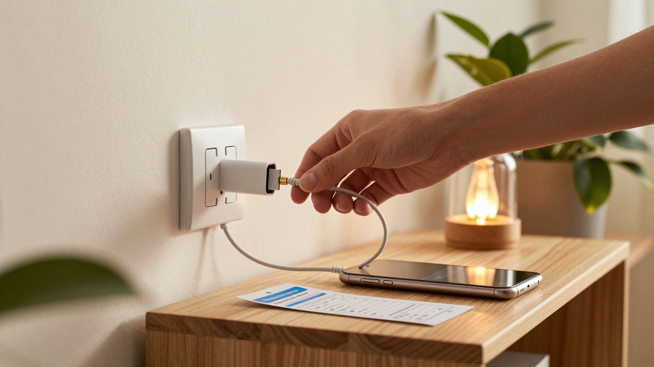 Mão conectando carregador a tomada para carregar celular sobre mesa de madeira com planta e luminária.