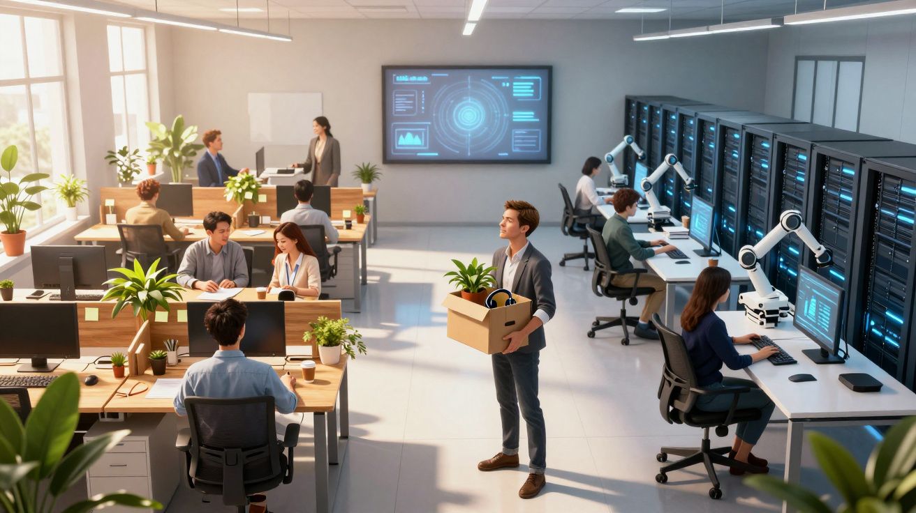 Escritório moderno com pessoas trabalhando em computadores e robôs em servidores no fundo.