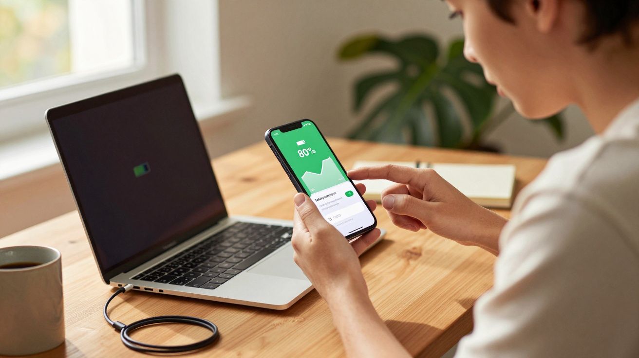 Pessoa usando celular e laptop com gráficos de bateria em uma mesa de madeira.