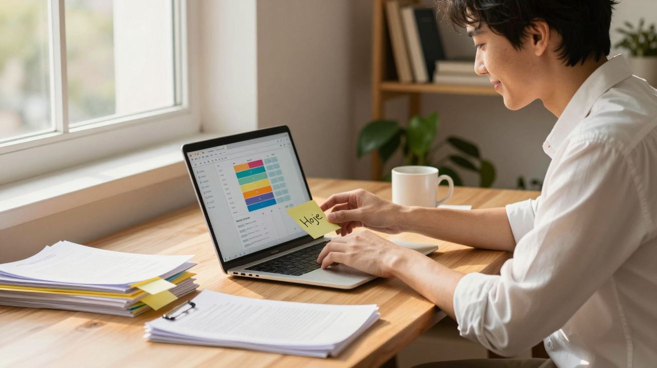 Homem trabalhando em laptop com calendário aberto, colocando post-it amarelo escrito "Hoje" na mesa com documentos.