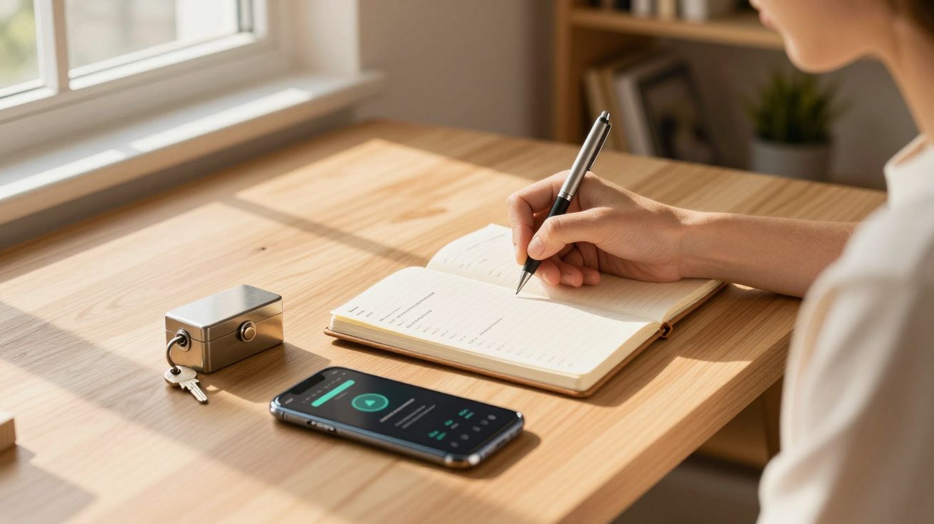 Pessoa escrevendo em caderno sobre mesa de madeira com celular, chave e objeto metálico ao lado.
