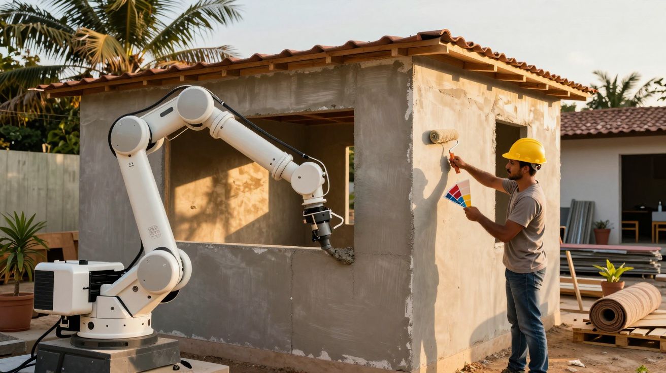Robô e homem pintando parede de casa em construção ao ar livre durante o dia.
