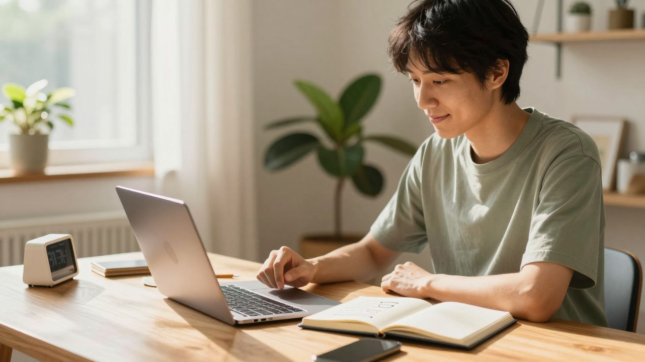 Jovem sentado à mesa usando laptop, com caderno aberto e celular ao lado em ambiente iluminado.
