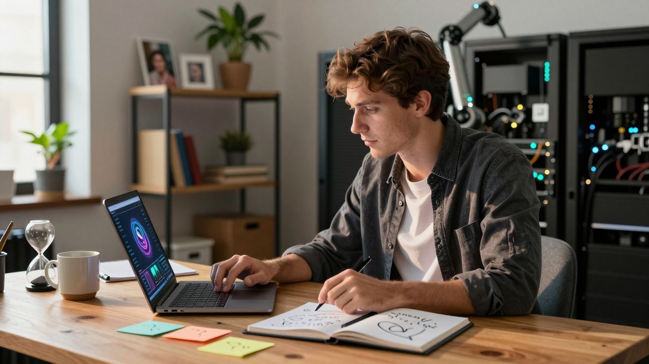 Homem jovem trabalhando em laptop e fazendo anotações em caderno em escritório com equipamentos tecnológicos.
