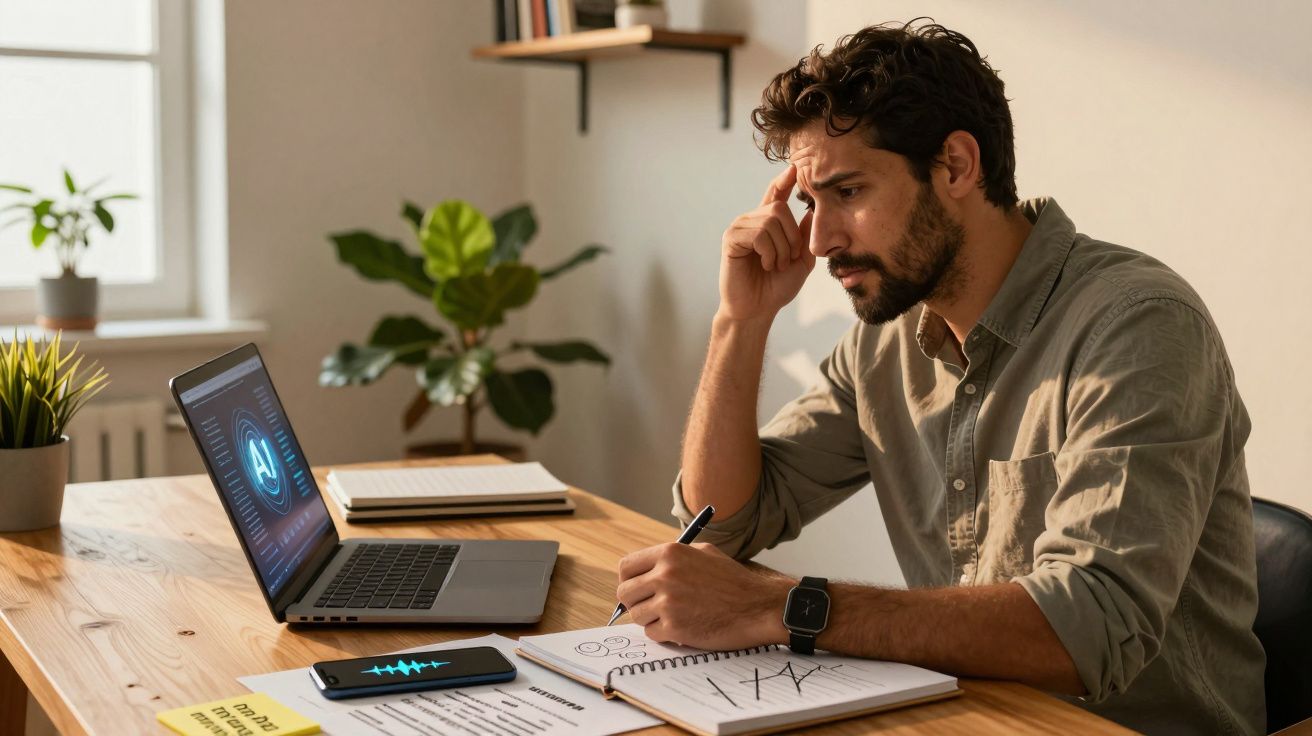 Homem pensativo trabalhando em mesa com laptop, cadernos e celular exibindo gráfico de áudio.