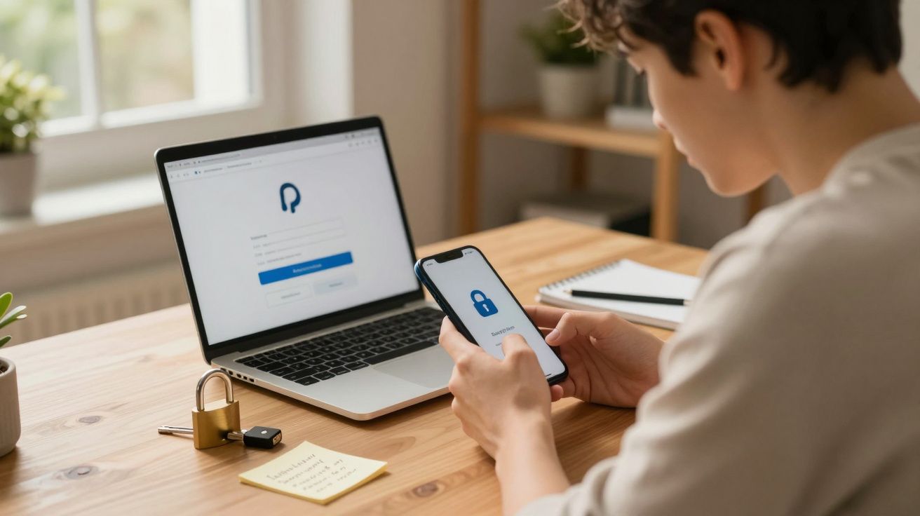 Pessoa usando celular com ícone de cadeado na tela e notebook com tela de login em mesa de madeira.