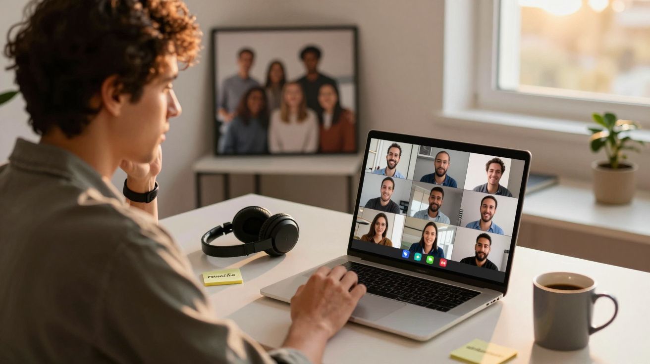 Pessoa participa de reunião virtual em laptop, sentada à mesa com fones de ouvido e caneca de café.
