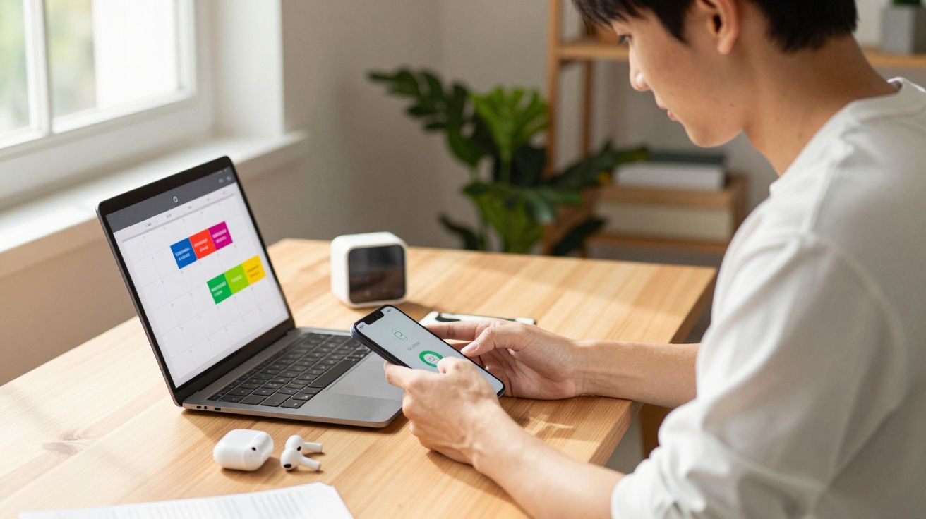 Pessoa usando smartphone e laptop com agenda colorida na tela, em mesa com fones de ouvido sem fio.