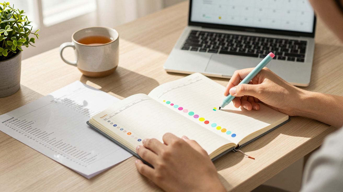 Pessoa escrevendo em um planner com café, documento e laptop em uma mesa de madeira.