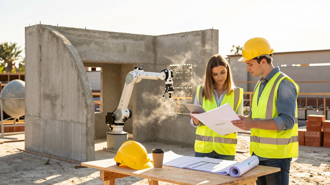 Dois engenheiros com coletes refletivos analisando plantas ao lado de um braço robótico em canteiro de obras.