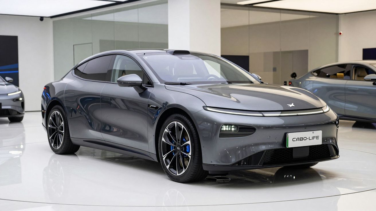 Carro elétrico cinza escuro com design moderno em exposição com luz branca e chão brilhante.