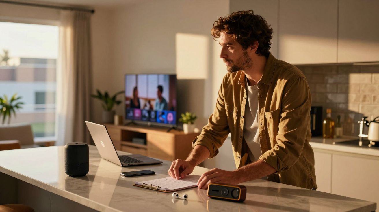 Homem olhando para laptop em ilha de cozinha moderna com objetos eletrônicos ao redor.