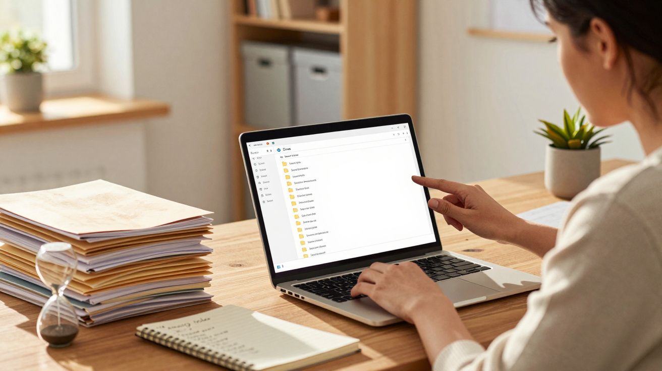 Pessoa acessando pastas digitais em laptop sobre mesa de madeira com pilha de documentos, ampulheta e caderno.