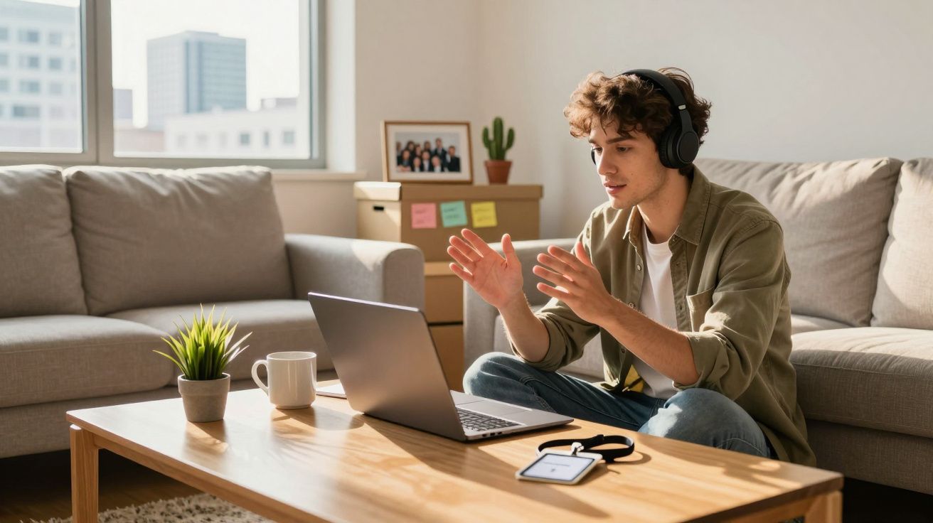 Jovem sentado no sofá com fone de ouvido, participando de videochamada em notebook na sala.