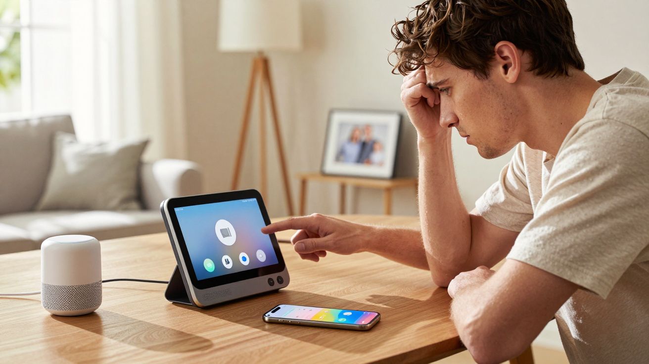 Homem sentado à mesa interagindo com dispositivo eletrônico inteligente em ambiente doméstico.