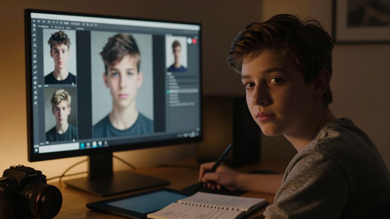 Jovem usando tablet digitalizador, editando fotos de retrato no computador em ambiente com luz baixa.