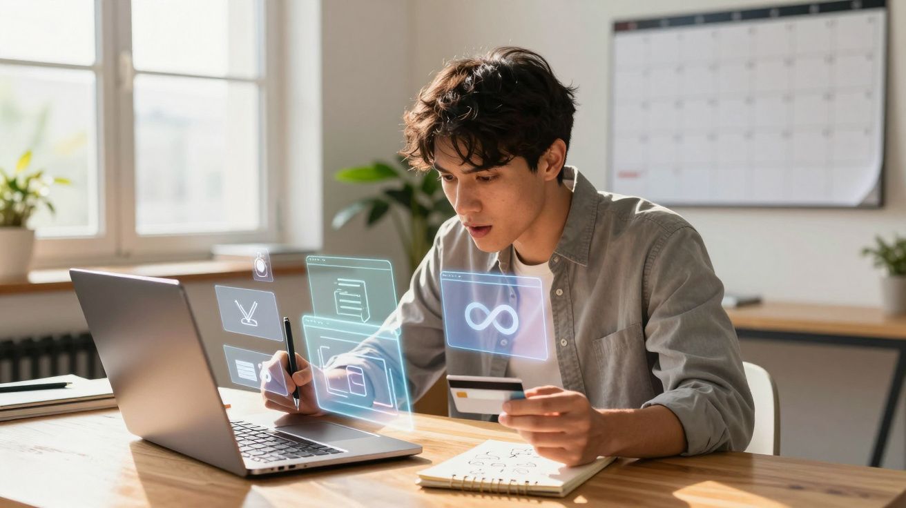 Jovem sentado à mesa usando laptop e cartão de crédito, com ícones virtuais de compras digitais flutuando.
