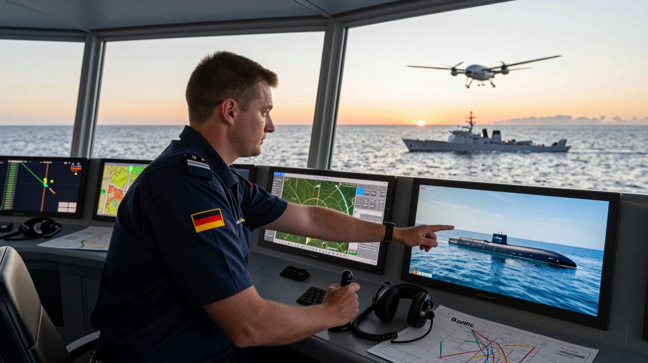 Militar alemão em centro de comando naval monitorando método não tripulado com navio e drone ao fundo no mar.