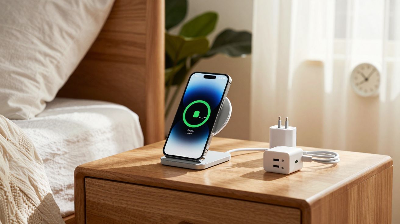 Smartphone carregando em suporte sem fio sobre criado-mudo de madeira próximo à cama em ambiente iluminado.