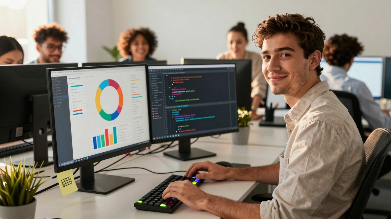 Jovem programador sorridente trabalha com dados e código em computador, equipe ao fundo no escritório moderno.