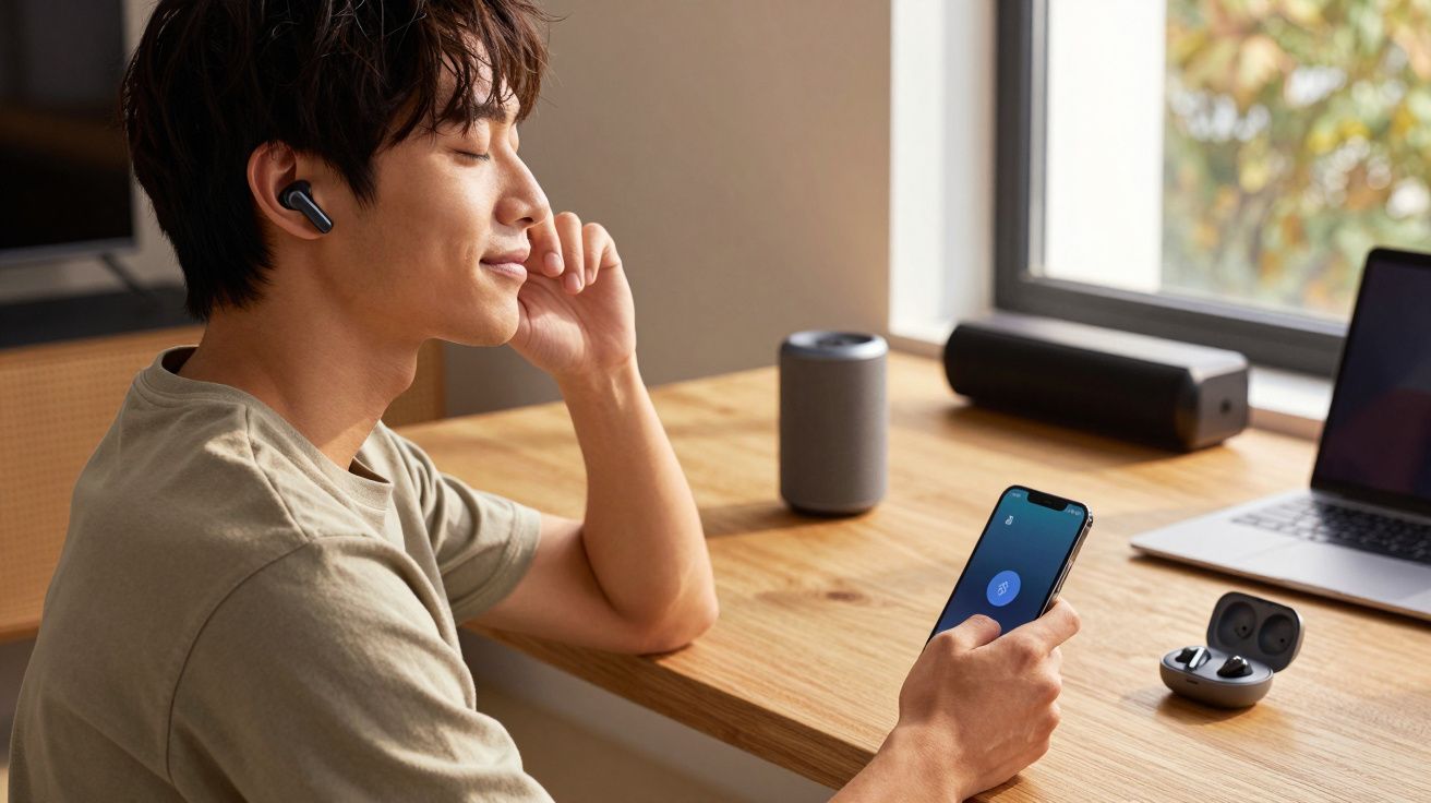 Homem usando fone de ouvido sem fio, segurando smartphone sentado em mesa com laptop e caixas de som.