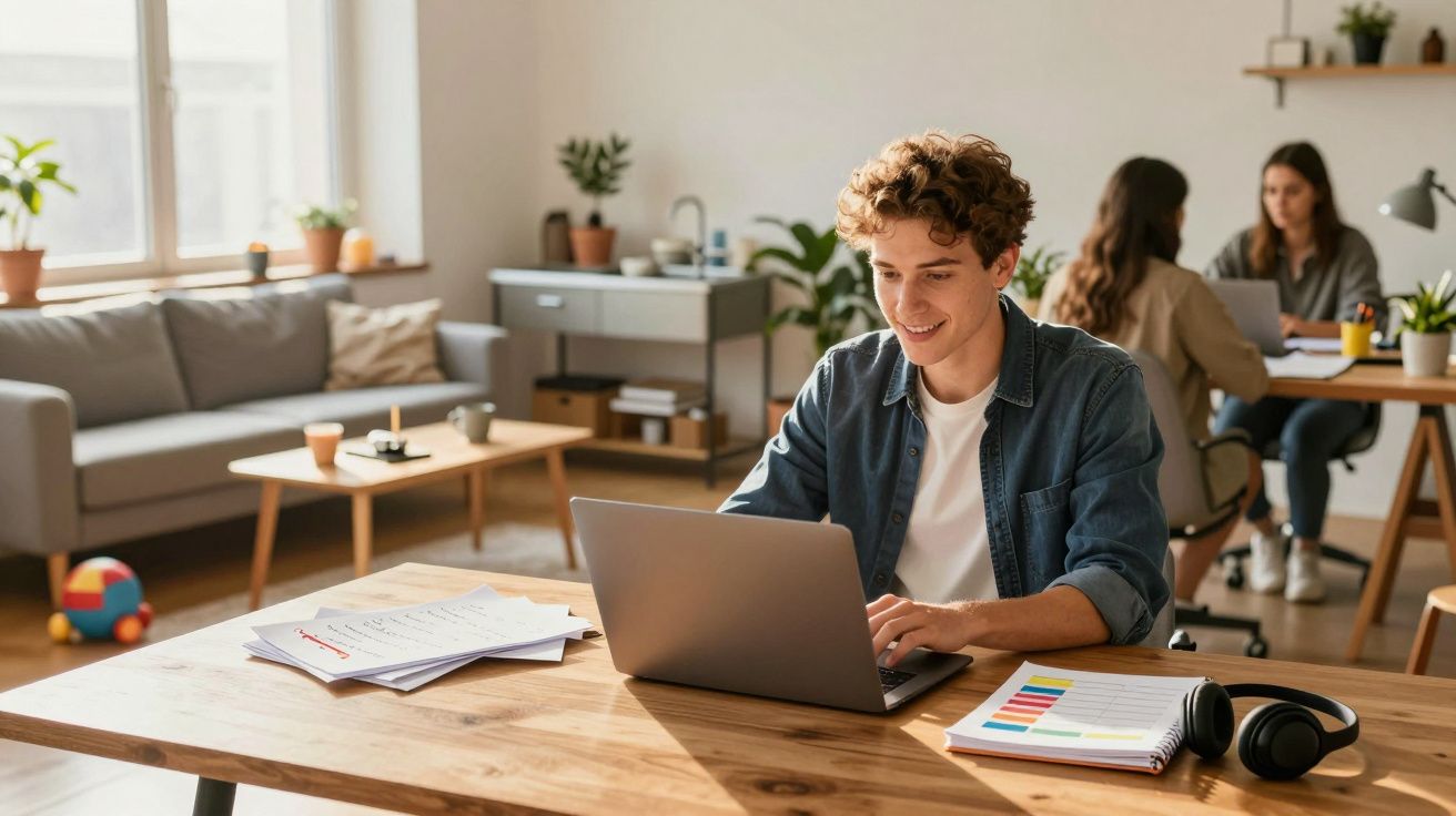 Jovem trabalhando em laptop em ambiente de escritório moderno e iluminado, com colegas ao fundo.