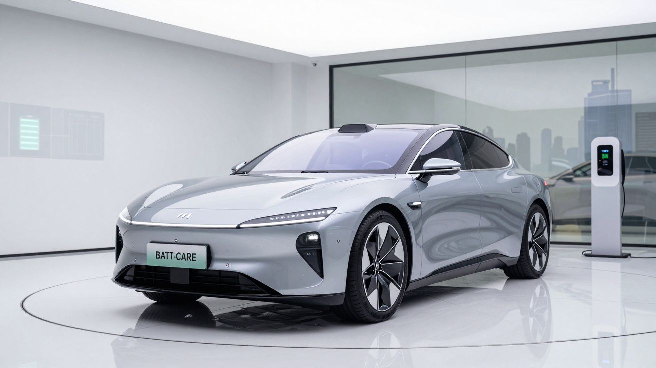 Carro elétrico prateado moderno em showroom minimalista com carregador elétrico ao fundo.