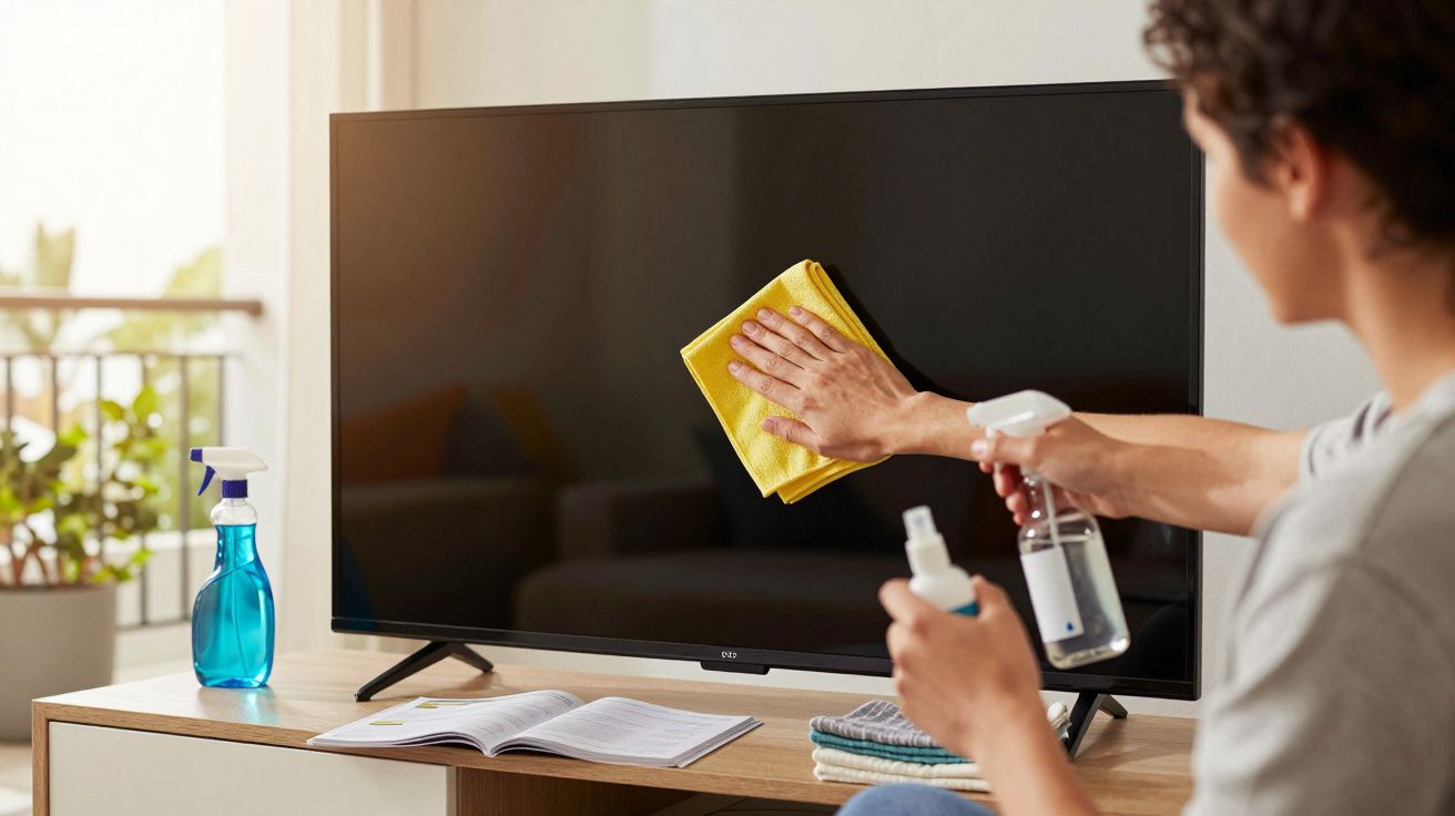 Pessoa limpando a tela de uma televisão com pano amarelo e spray de limpeza em mesa de madeira.