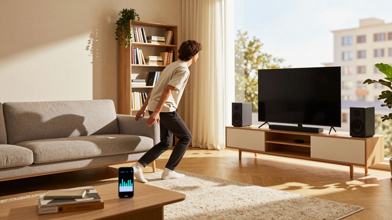 Jovem em pé perto do sofá ouvindo música com smartphone e TV na sala iluminada durante o dia.