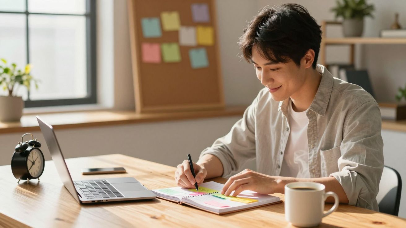 Pessoa jovem sorrindo enquanto escreve em agenda ao lado de laptop, café e despertador em mesa de madeira.