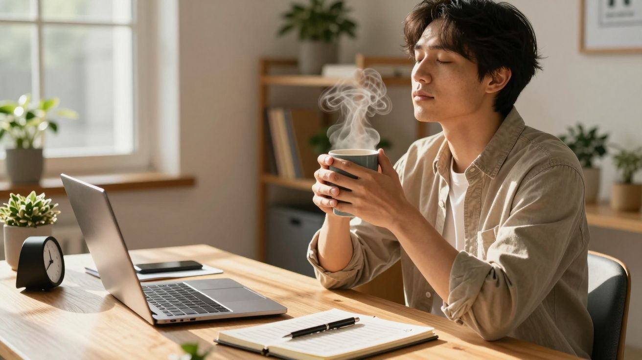 Homem relaxando com olhos fechados enquanto segura xícara de bebida quente em mesa com laptop e caderno.