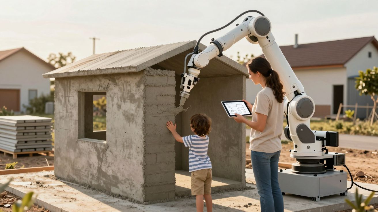 Robô constrói casa de cimento enquanto mulher com tablet e criança observam ao ar livre.