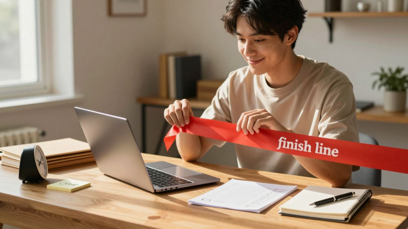 Jovem sorrindo corta uma fita vermelha escrita "finish line" diante de laptop em mesa de trabalho.
