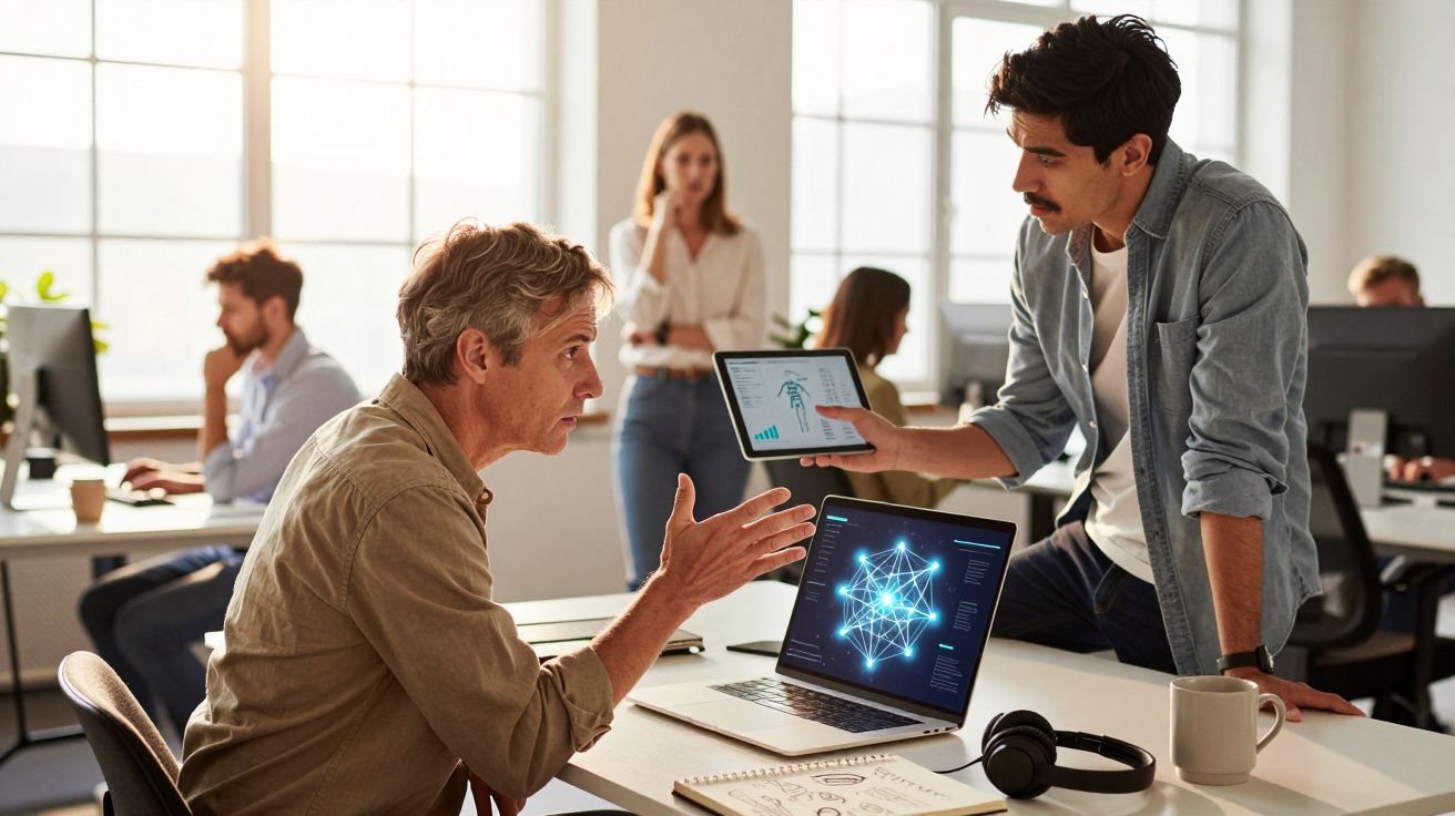 Dois homens discutem dados em laptop e tablet em escritório moderno, outras pessoas trabalham ao fundo.