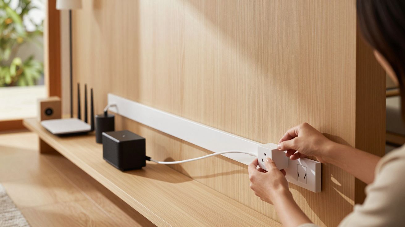 Pessoa conectando cabo em uma régua de energia branca em móvel de madeira clara.