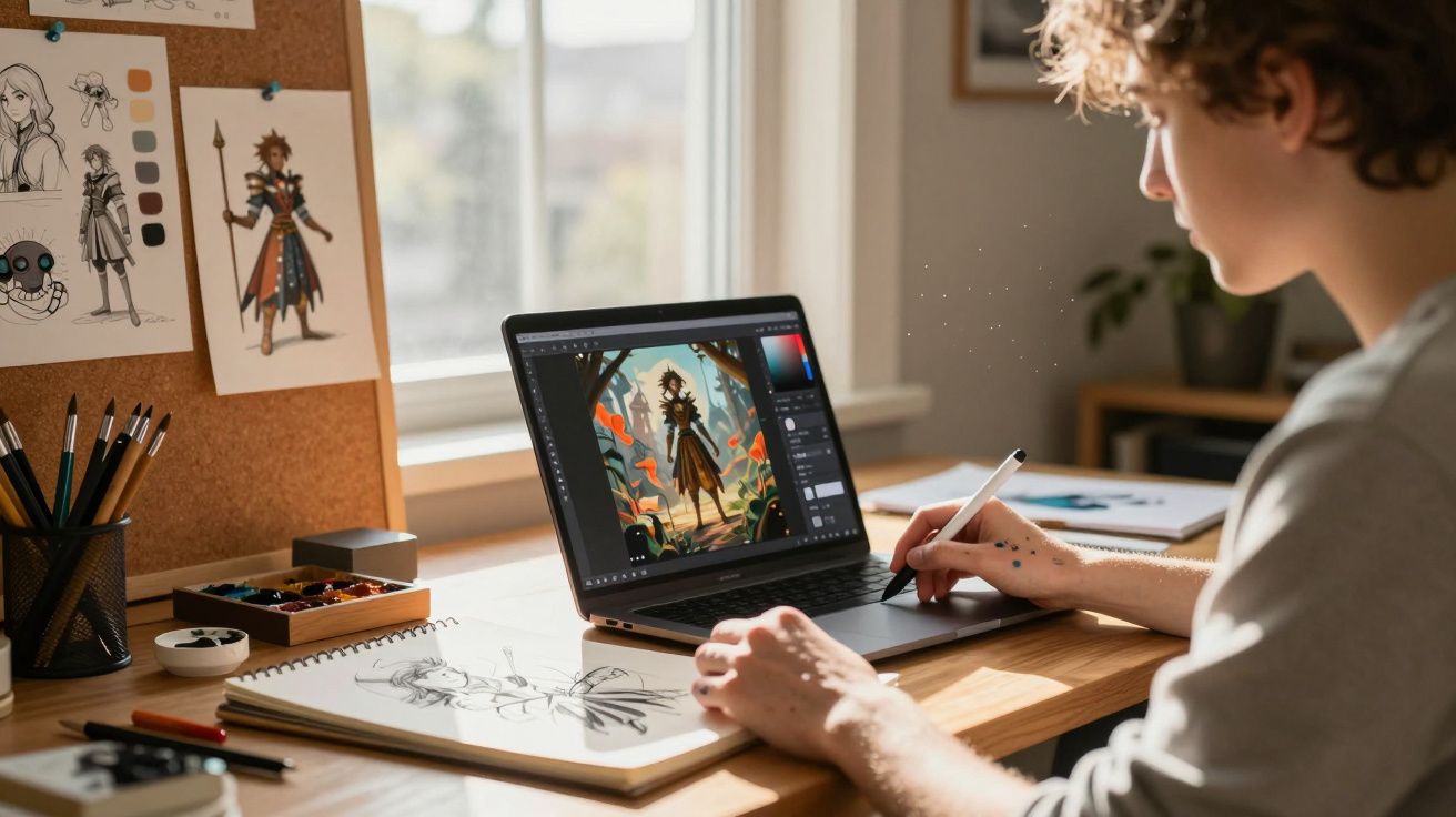 Pessoa usando caneta digital para desenhar personagem em laptop em mesa com esboços e materiais de arte.