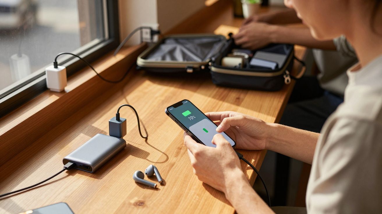 Pessoa segurando celular carregando com bateria em 70% na mesa com fone de ouvido e power bank conectado.