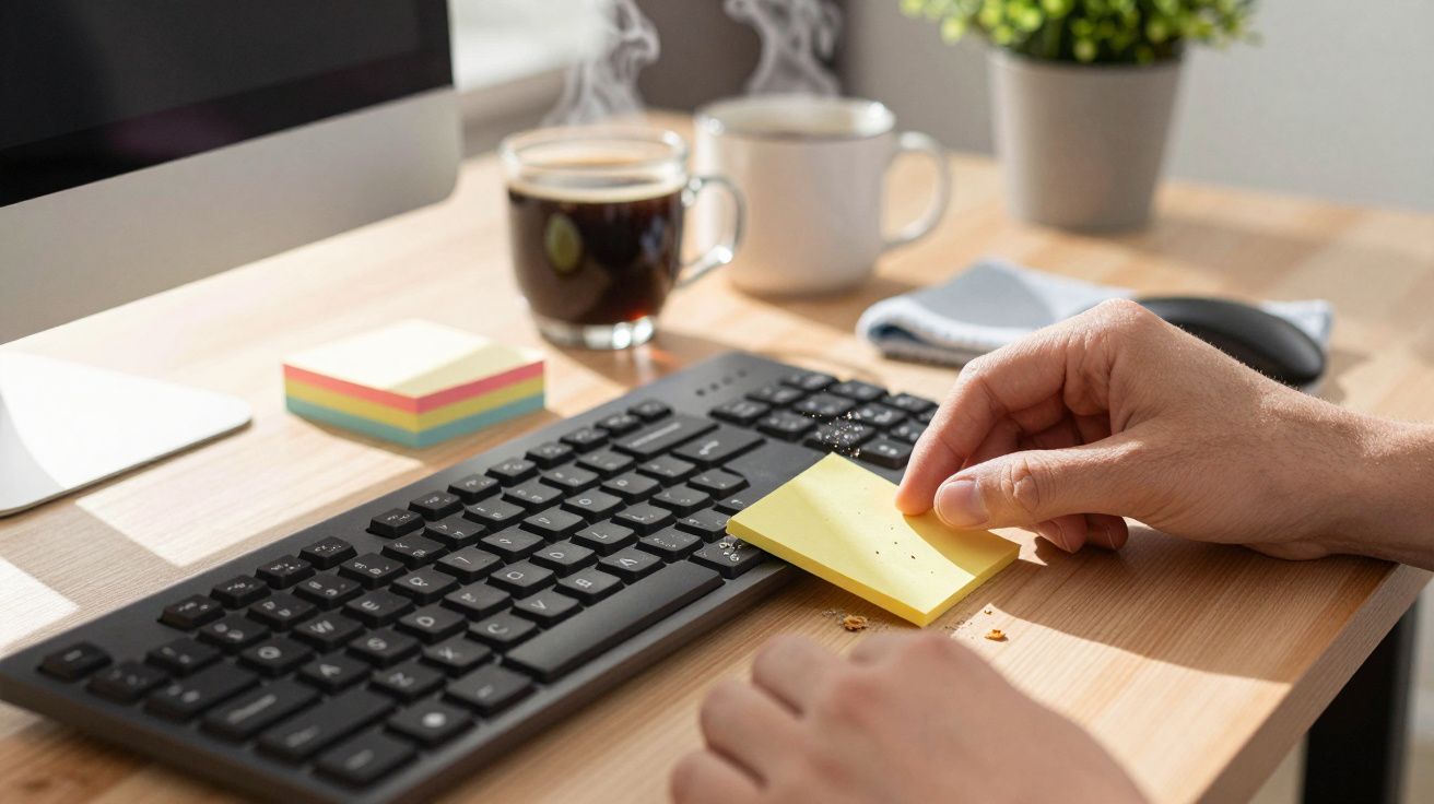 Pessoa limpando migalhas do teclado com um bloco de notas amarelo em mesa de trabalho com café.