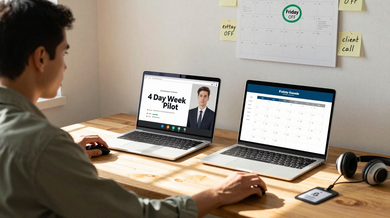 Pessoa em mesa de madeira com dois notebooks, um com vídeo de reunião e outro com calendário digital.