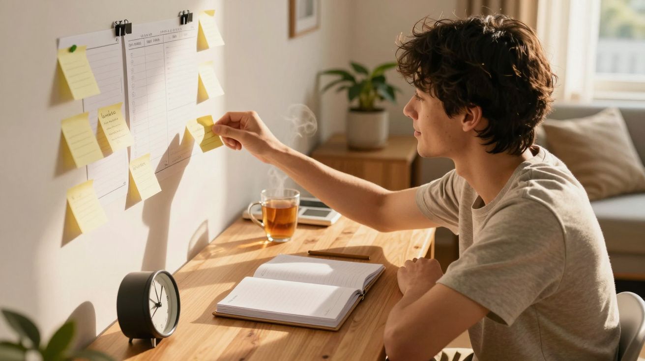 Jovem sentado à mesa organiza notas adesivas em uma parede com planner e café ao lado.