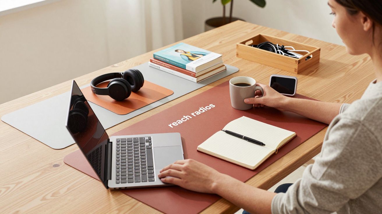 Pessoa trabalhando com notebook, segurando xícara, caderno, fones e celular sobre mesa de madeira organizada.