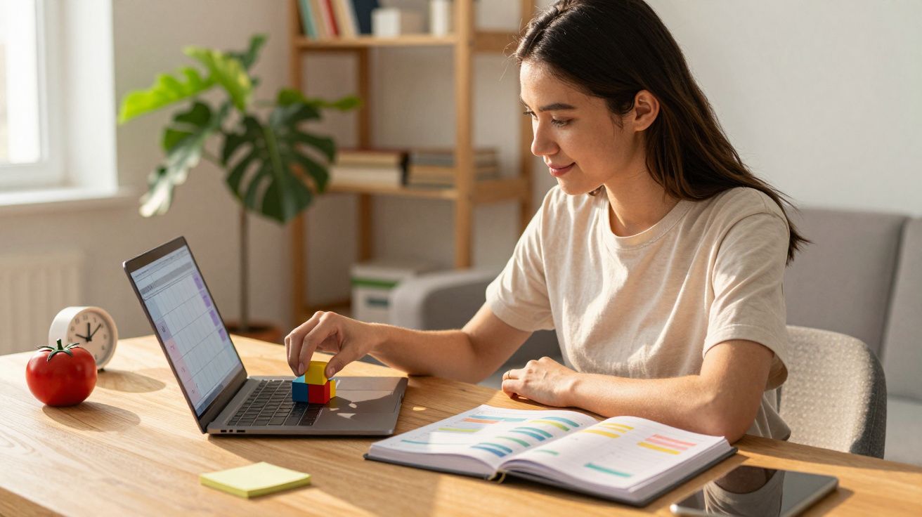 Jovem em camiseta clara brinca com cubo mágico sobre notebook em mesa com caderno aberto e planta ao fundo.