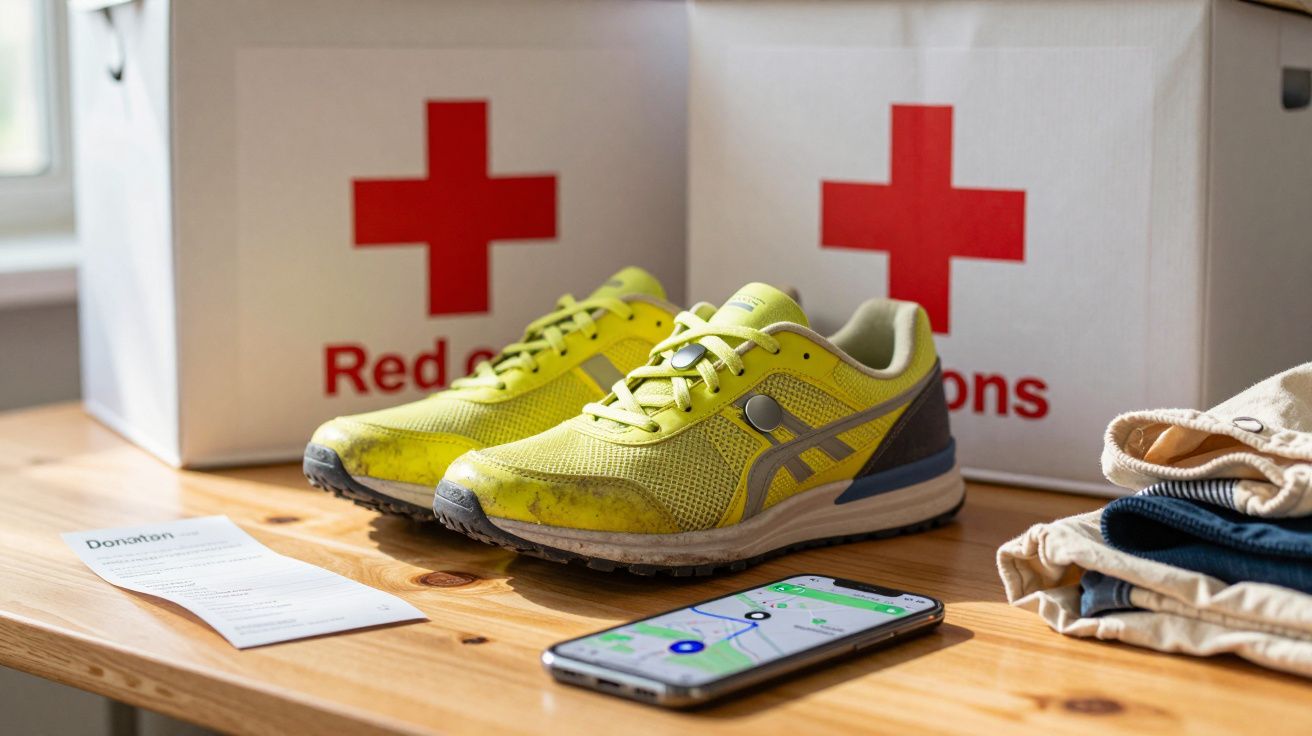 Tênis amarelos usados sobre mesa com caixas da Cruz Vermelha e roupas doadas ao lado.