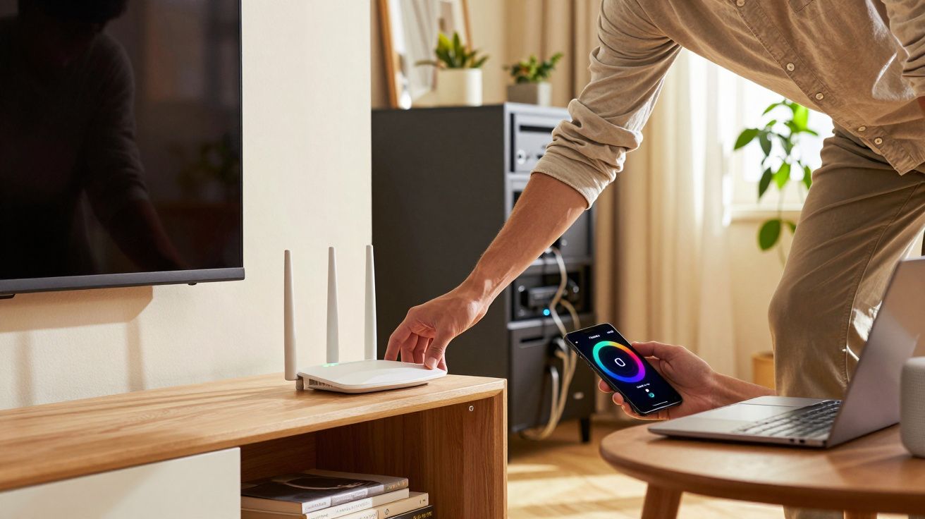 Pessoa ajustando roteador Wi-Fi em casa, segurando celular com app aberto ao lado de notebook.