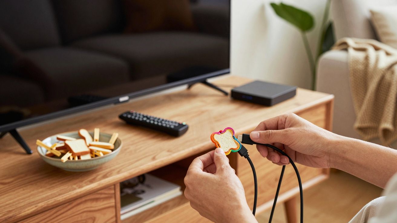 Pessoa conectando cabo a dispositivo em formato de pão de forma colorido próximo à TV.