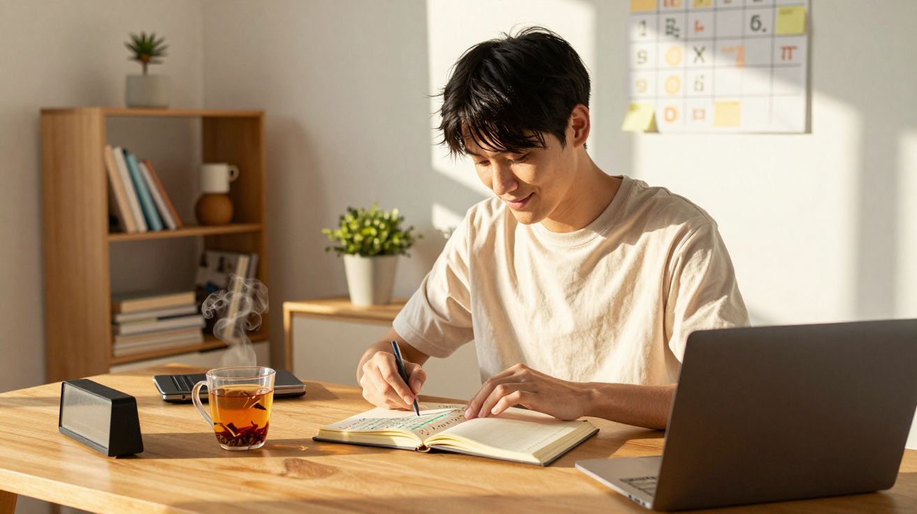 Jovem sentado à mesa escrevendo em caderno, com laptop aberto, xícara de chá e relógio digital no ambiente iluminado.